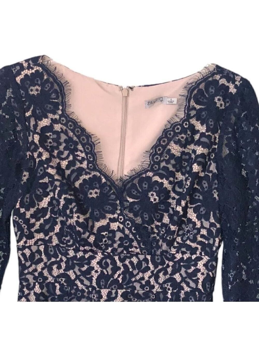 Eliza J Fit & Flare Dress Scallop V-Neck Crossover Blue Lace Overlay Lined SZ 4 - Picture 3 of 10